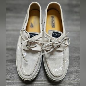 Sperry Top Sider Ivory Sequin Preppy Boat Flat Dock Shoes Loafers 9.5